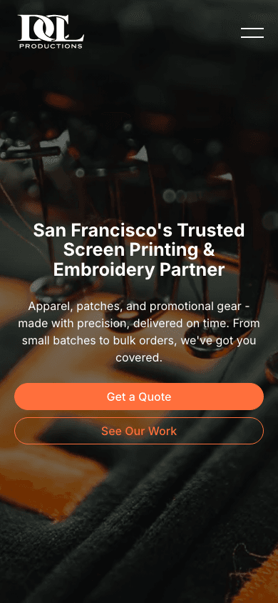 DCL Productions home page on a phone: what they do, where, and a tap-to-call number in the first screen