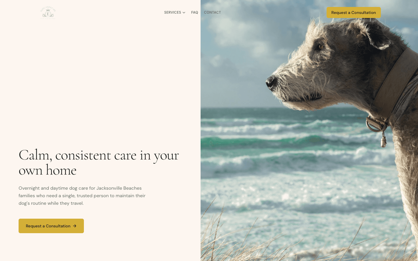Elite Canine Care website - boutique in-home dog sitting service