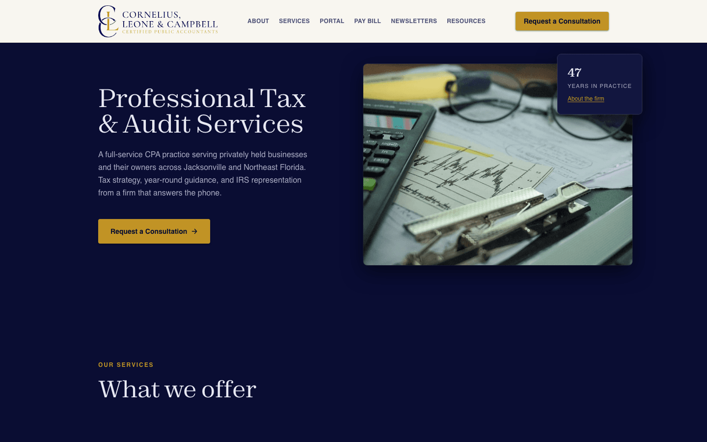 Cornelius, Leone & Campbell CPA firm website - conversion-optimized design
