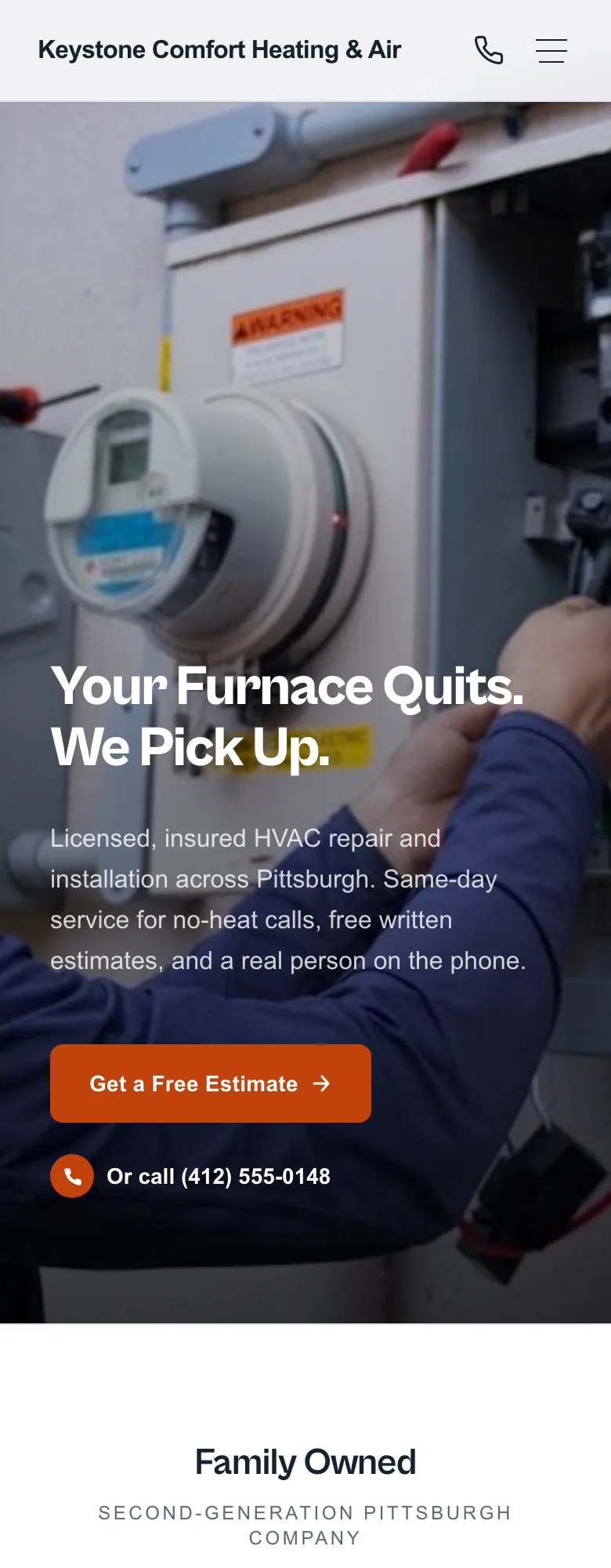 Keystone Comfort Heating & Air home page on a phone