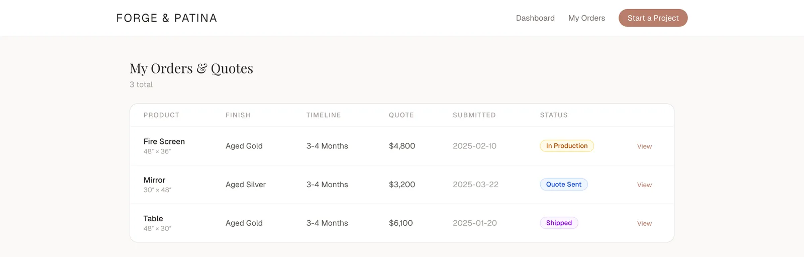 Customer portal orders view listing each fabrication order with dimensions, finish, quote amount, and live status