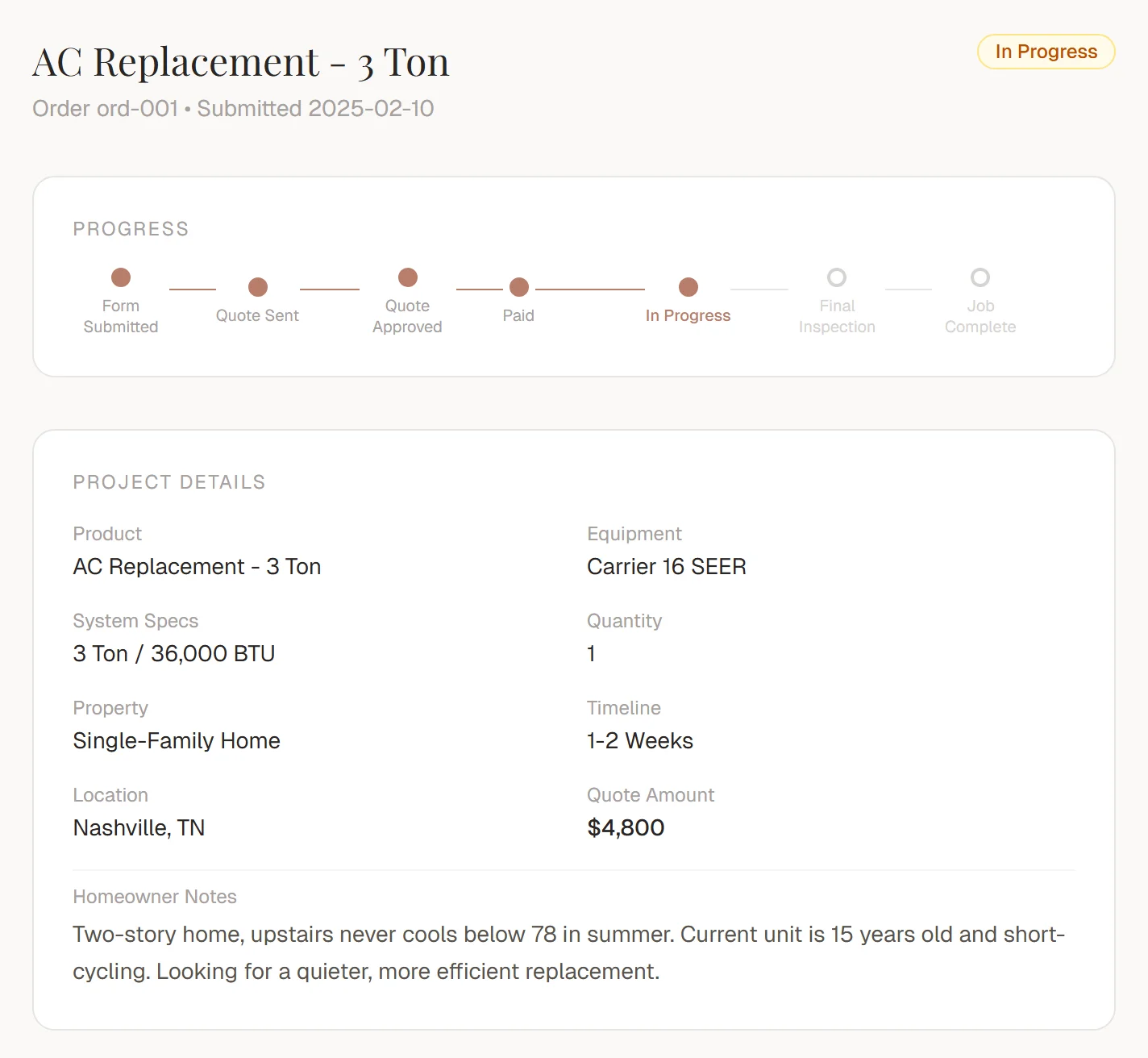 Customer portal job detail for an HVAC company showing a 3 ton AC replacement with live progress stages and equipment specs including tonnage, BTU rating, and install timeline